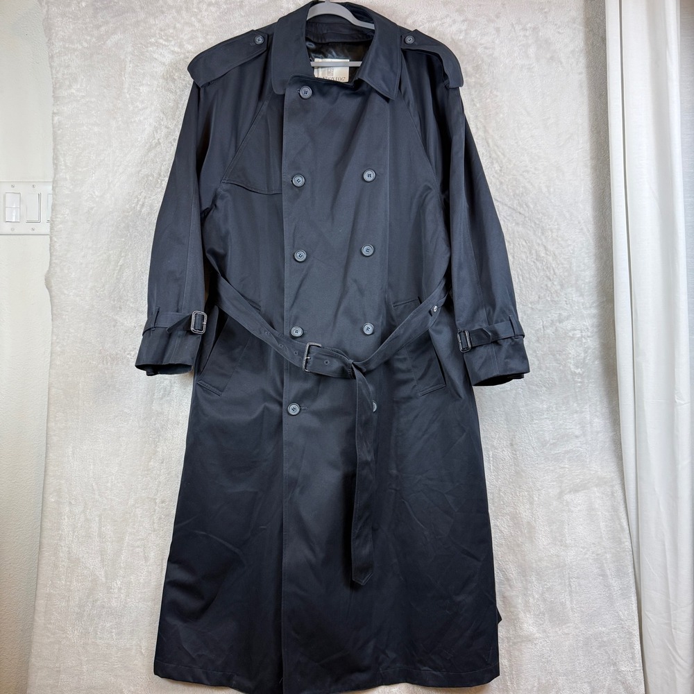 London Fog Mens Double Breasted Trench Coat Belted Long 44L Removable liner Blue
